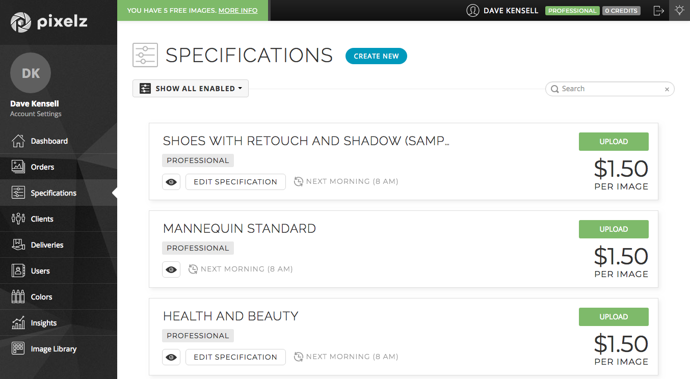 Spec dashboard pixelz retouching platform specifications dashboard